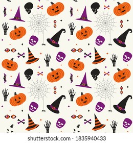 Halloween holiday comic symbol set seamless vector pattern. Cute with hat, pumpkin, skull, black spider web cartoon design element. Halloween funny decorative wallpaper banner, background illustration