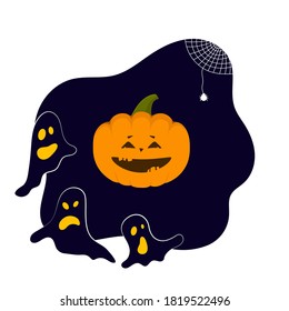 Halloween holiday concept in flat style. Cute cartoon vector illustration with pumpkin, ghosts, spiderweb.