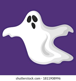 Halloween holiday concept. White ghost on a purple background. Vector flat illustration.