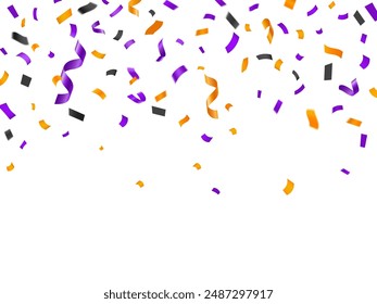 Halloween holiday confetti, background with orange and purple falling paper pieces cascade adding a festive touch to carnival celebrations. Colorful vector burst of fun and excitement in the air