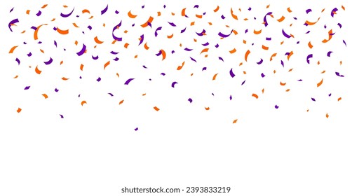 Halloween holiday confetti background. Vector orange and purple vibrant falling paper pieces cascade adding a festive touch to carnival celebrations. Colorful burst of fun and excitement in the air