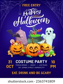 Halloween holiday costume party flyer with monster pumpkins and ghosts, vector poster. Happy Halloween and trick or treat party flyer with spooky candy and scary sweets of skeleton skull and potion