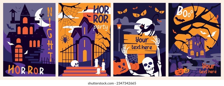 Halloween Cover Broschüre in trendigem, flachem Design. Plakatvorlagen mit Nachtschrecken-Partysymbolen, alten Häusern, fliegenden Fledermäusen, Netz mit Spinnen, Skeletten und Kürbissen. Vektorgrafik.