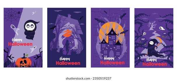 Halloween holiday cover brochure set in trendy flat design. Poster templates with death character, pumpkin and flying ghosts, night forest with tombstones, old spooky castle. Vector illustration.