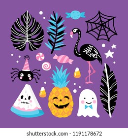 Halloween holiday creative design with pineapple. flamingo, watermelon and tropical leaves. Vector illustration