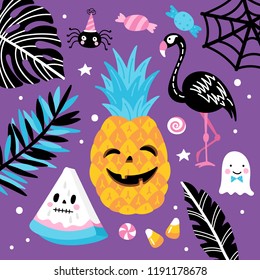 Halloween holiday creative design with pineapple. flamingo, watermelon and tropical leaves. Vector illustration