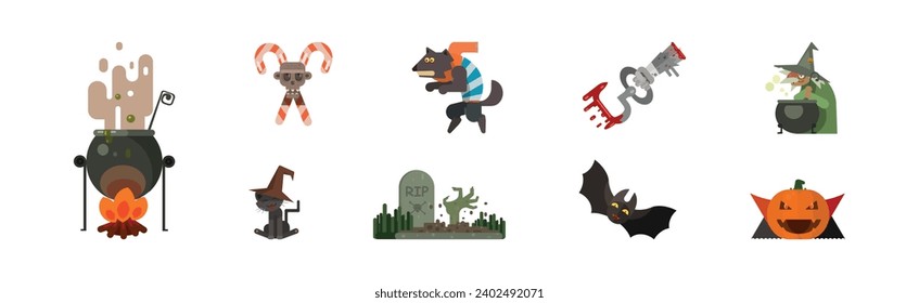 Halloween Holiday Creepy and Scary Character and Object Vector Set
