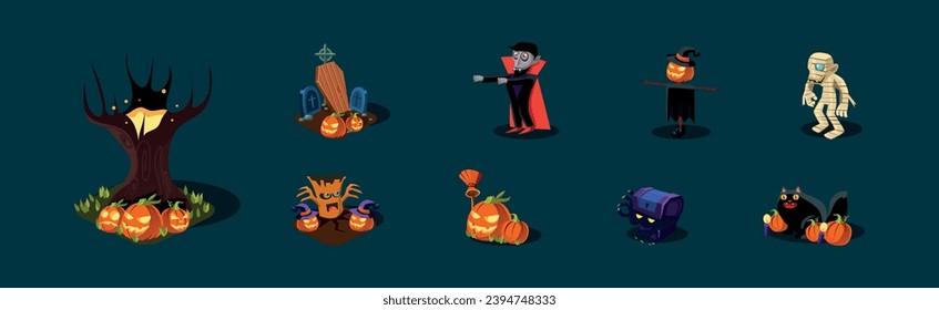 Halloween Holiday Creepy and Scary Object Vector Set