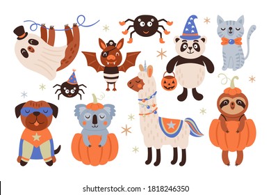 Halloween Holiday Cute Animals In Costumes Set. Childish Print For Cards, Stickers, Apparel And Nursery Decoration. Vector Illustration