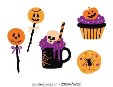 Halloween holiday cute candy, lollipop, cocktail and cupcake set