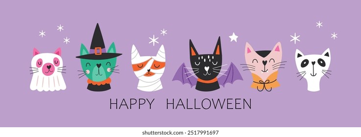 Halloween holiday cute cats in costume set. Childish print for cards, stickers, apparel and decoration. Vector illustration