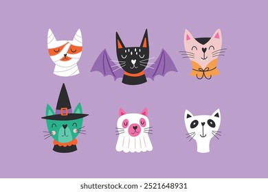 Halloween holiday cute cats in costume set. Childish print for cards, stickers, apparel and decoration. Vector illustration