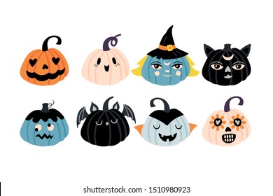 Halloween holiday cute character pumpkin set. Childish print for cards, stickers and party invitations. Vector illustration