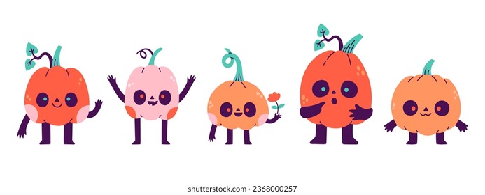 Fiesta de Halloween adorable juego de calabaza de personajes. Impresión infantil para tarjetas, pegatinas e invitaciones a fiestas. Vector