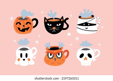 Halloween holiday cute coffee cup set. Childish print for cards, stickers, apparel and decoration. Vector illustration