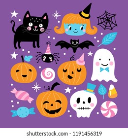 Halloween holiday cute element set. Childish print for t-shirt, apparel, cards and nursery decoration. Vector Illustration