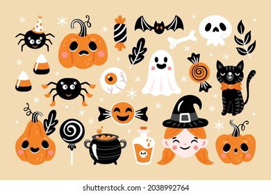 Halloween holiday cute element set. Childish print for stickers, greeting card and decoration