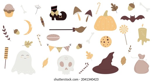 Halloween holiday cute element set on a white background.Magic hat, sweets, pumpkin, flag, skull, bat, scecha, broom, ghost.Vector illustration.Flat design.Eps 10