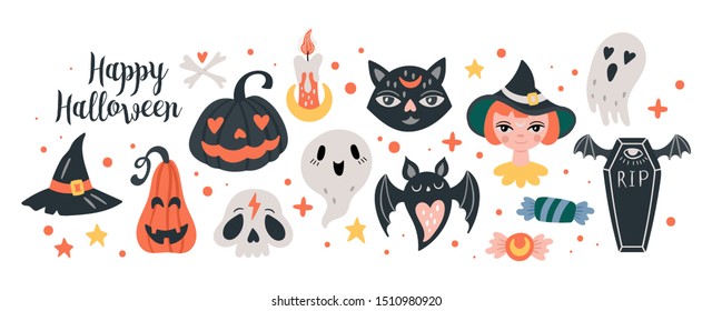 Halloween holiday cute elements set. Childish print for cards, stickers and party invitations. Vector illustration