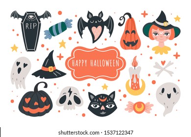 Halloween holiday cute elements set. Childish print for cards, stickers and party invitations. Vector illustration