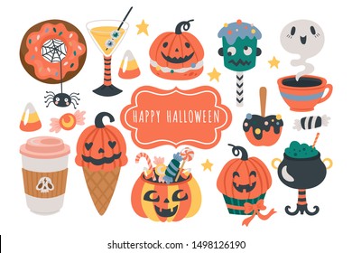 Halloween holiday cute food and drinks set. Childish print for cards, stickers and party invitations. Vector illustration