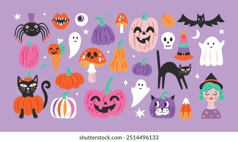 Elemento gráfico bonito feriado de Halloween definido com abóbora, jack o lanterna, bruxa, gato e fantasma. Impressão infantil para adesivos, cartão de saudação e decoração