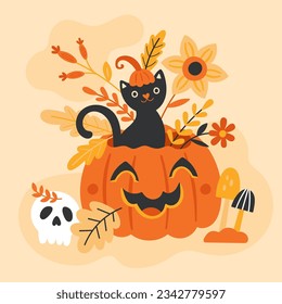 Halloween holiday cute jack o lantern pumpkin character, black cat and autumn flowers design. Childish print for stickers, greeting card and decoration