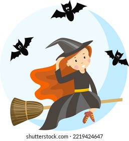 Halloween holiday. Cute little girl witch with a kitten flying on a broom.
