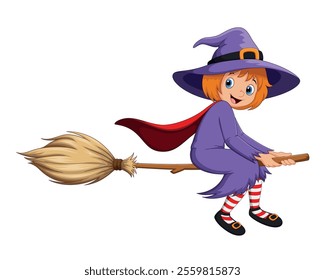 Halloween holiday. Cute little girl witch with flying on a broom vector illustration