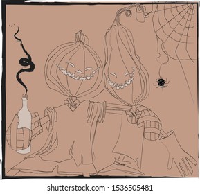 Halloween holiday. cute pumpkin character. seasonal illustration. couple of friends at a party