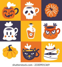 Halloween holiday cute pumpkin and coffee cup set. Childish print for cards, stickers, party invitation and decoration