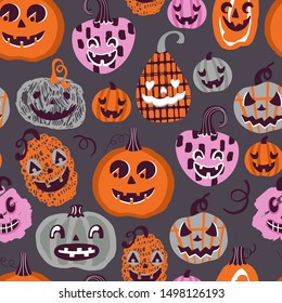 Halloween holiday cute seamless pattern design. Childish background for cards, textile, wrapping paper and party invitations. Vector illustration