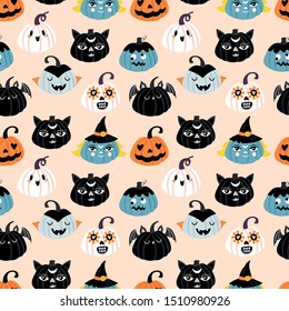 Halloween holiday cute seamless pattern design. Childish print for cards, textile, wrapping paper and party invitations. Vector illustration