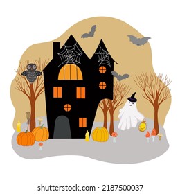 Halloween holiday decorated scene with spider web, bat, haunted house, candle, ghost, broom, pumpkin, hat, mushroom for poster, home or party decor, autumn holiday celebration, horror story concept 