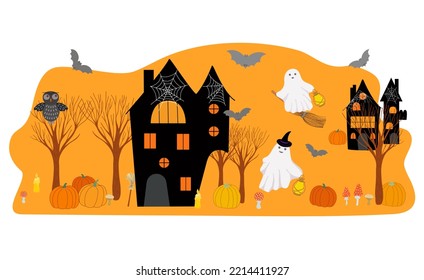 Halloween holiday decorated scene with spider web, bat, haunted house, candle, ghost, broom, pumpkin, hat, mushroom for poster, home or party decor, autumn holiday celebration, horror story concept 