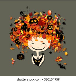Halloween holiday design, female head. Vector illustration