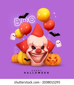 Halloween Holiday Design. Scary clown head. Orange Pumpkins angry faces smiles, helium balloons, bat and ghost. Web Banner, Party poster, advertising brochure, flyer. Realistic 3d Vector illustration