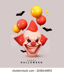 Halloween Holiday Design. Scary clown head angry faces smiles. Helium balloons yellow and red color, black bat. Web Banner, Party poster, advertising brochure, flyer. Realistic 3d Vector illustration