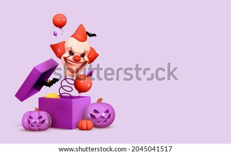 Halloween Holiday Design. Scary clown head jumps out. Open gifts boxes. Realistic 3d pumpkin with scary smiles on his face. Web Banner, Party poster, advertising brochure, flyer. Vector illustration