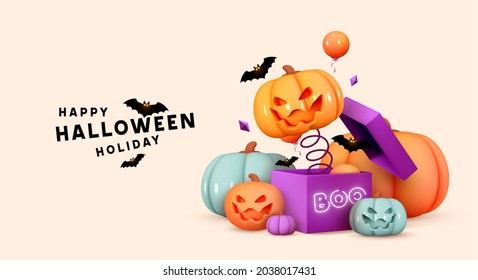 Halloween Holiday Design  Scary pumpkin head jumps out  Open gifts boxes  Realistic 3d pumpkin and scary smiles his face  Web Banner  Party poster  advertising brochure  flyer  Vector illustration
