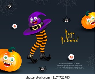 Halloween holiday design template with copy-space for text. Happy pumpkins with funny monster face and witch hat on legs with striped stockings. on dark night background with spiders and cobweb.