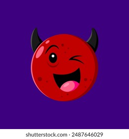 Caricatura del emoticono del demonio de la fiesta de Halloween. Rojo Vector aislado, travieso, cara de chulo sonriente con cuernos diabólicos, ojo guiño y sonrisa feliz, utilizado para transmitir intención lúdica o malvada en los mensajes