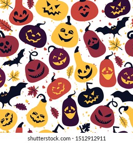 Halloween holiday with different pumpkins, seamless surface colors background