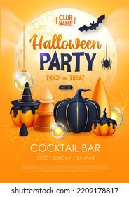 Halloween holiday disco party poster with realistic 3D halloween pumpkins. Vector illustration