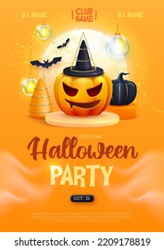 Halloween holiday disco party poster with realistic 3D halloween pumpkins. Vector illustration