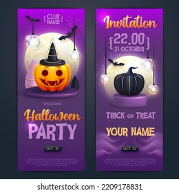 Halloween holiday disco party poster with realistic 3D halloween pumpkins. Invitation design. Vector illustration