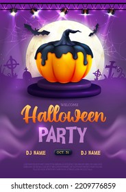 Halloween holiday disco party poster with realistic 3D halloween pumpkin. Vector illustration