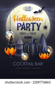 Halloween holiday disco party poster with realistic 3D halloween pumpkins. Vector illustration