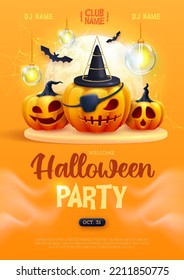 Halloween holiday disco party poster with realistic 3D halloween pumpkins. Vector illustration