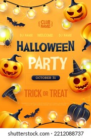 Halloween holiday disco party poster with realistic 3D halloween pumpkins. Vector illustration